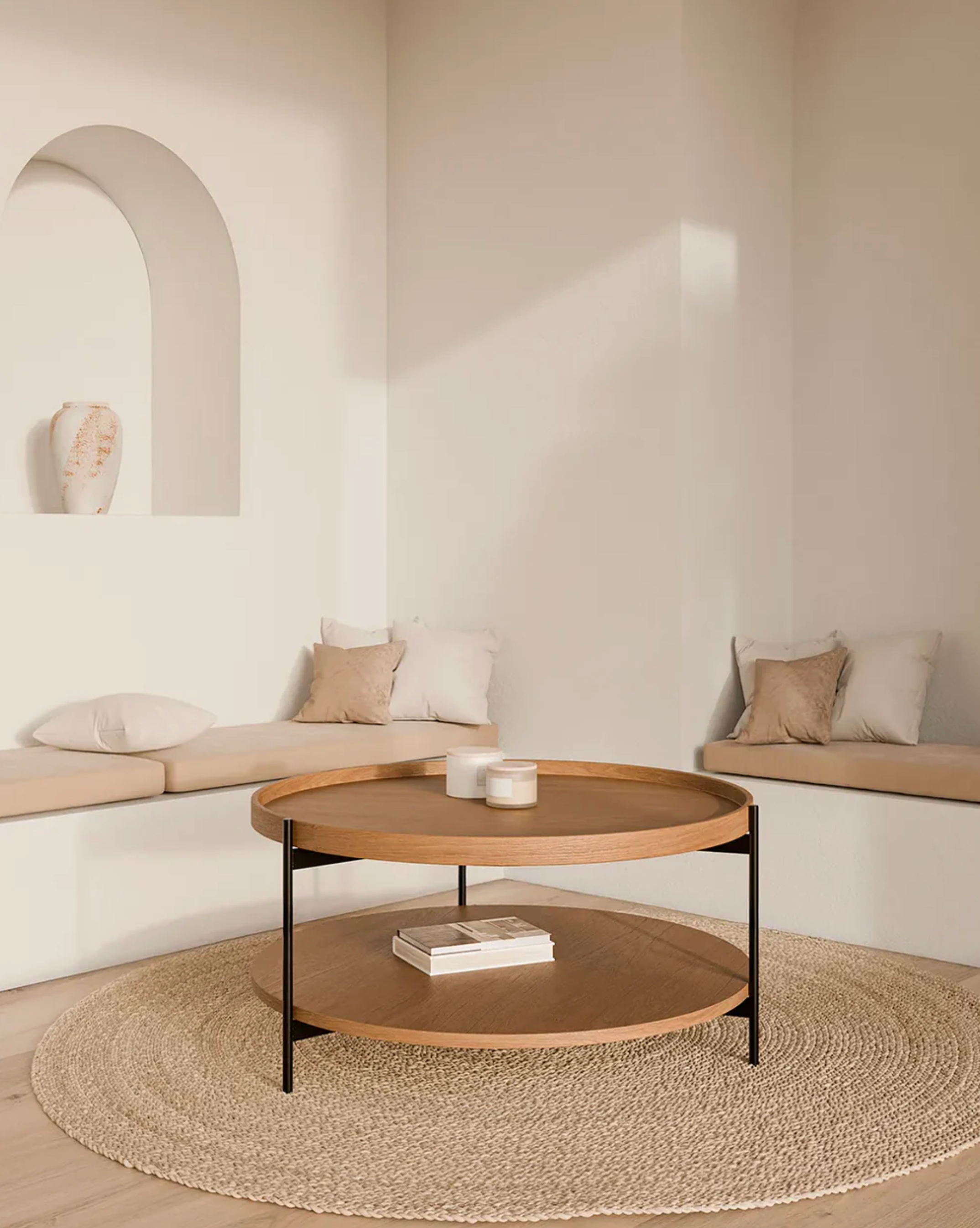 Mesa de centro 80cm con 2 baldas de color madera