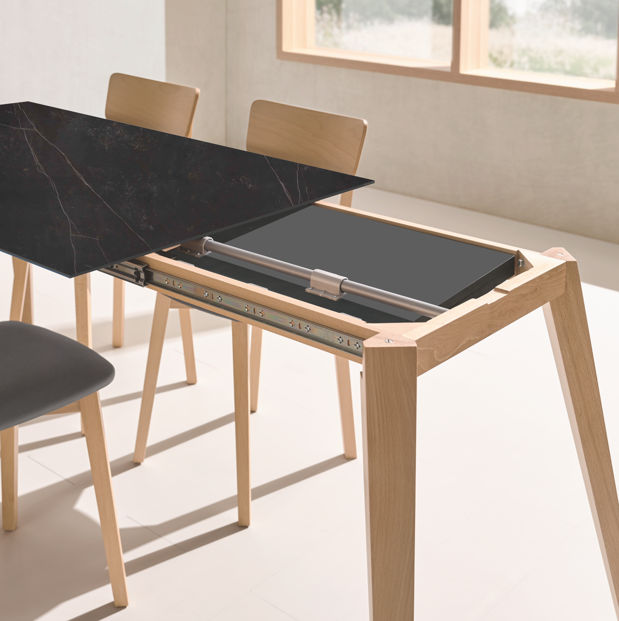 Mesa de comedor extensible de madera con encimera Dekton oscuro