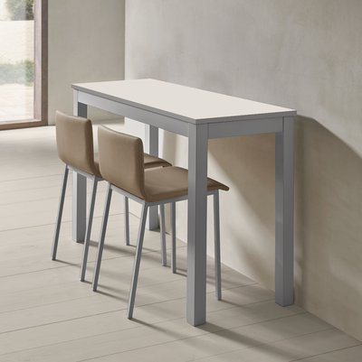 Mesa de cocina estrecha blanca con patas grises